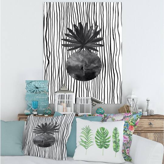 Designart - Black and White Tropical Leaf On Striped I